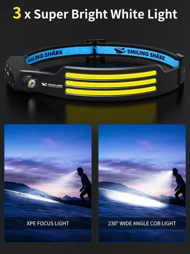 Vista 3 de Smiling Shark Linterna frontal LED, gran angular de 230°, 3 luces blancas, paquete de 2 unidades, la lámpara principal más brillante, recargable