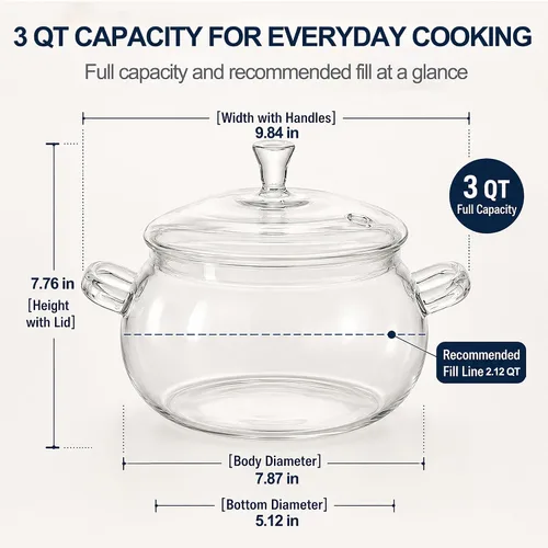 Vista 2 de Olla de vidrio de borosilicato, cacerola de 2.5 cuartos con tapa, apta para microondas, estufa y lavavajillas 3 QT borosilicate glass pot for