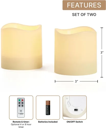 Vista 2 de LampLust Velas de pilar sin llama para exteriores, impermeables, paquete de 2, 3 x 3, color marfil LED