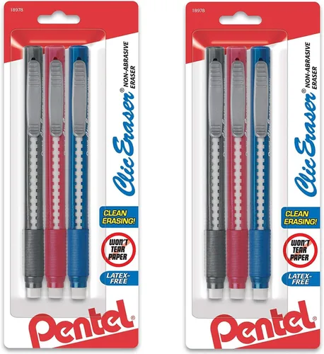 Vista 5 de Gomas de borrar de clic con mango estilo lápiz, surtidos, paquete de 3, Colores Variados Negro / azul