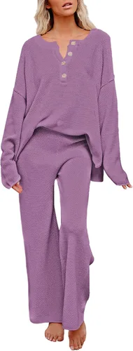 Vista 9 de Viottiset Conjunto de 2 piezas para mujer, sudadera de punto de manga larga, pantalones de pierna ancha, ropa de descanso Beige