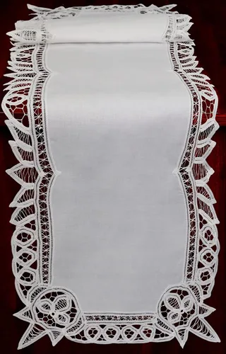 Vista 3 de Creative Linens Camino de mesa de encaje blanco Battenburg 16x34 Oval Dresser Scarf, 100% algodón, bordado a mano