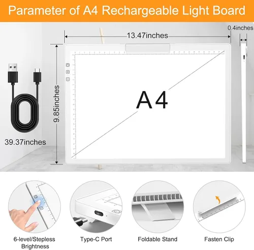 Vista 2 de Honesorn Almohadilla de luz de trazado de copia A4 con puerto tipo C, tablero de luz ultrafino de pintura de diamante, mesa de luz LED