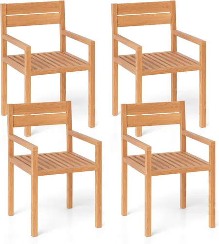 Vista 11 de Tangkula Silla de madera de teca para exteriores, sillón de comedor con asiento y respaldo de tablillas, muebles de asiento de madera maciza