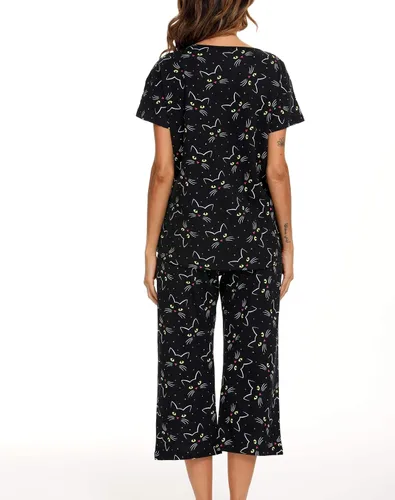 Vista 6 de ENJOYNIGHT Conjuntos de pijama de algodón para mujer, pijamas de verano con pantalones capri, ropa de dormir Gato negro