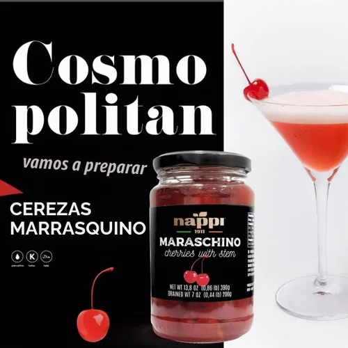 Vista 3 de Nappi 1911, Cerezas de Cóctel Maraschino con Tallo en Almíbar, Tarro de 13,76 oz (390 g) Producto de Italia