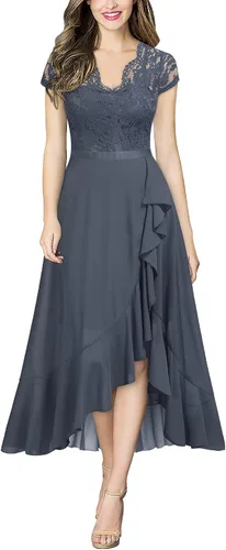 Vista 6 de Miusol - Vestido largo elegante de mujer con vuelos de encaje y cuello en V para damas de honor negro (C-BLACK)