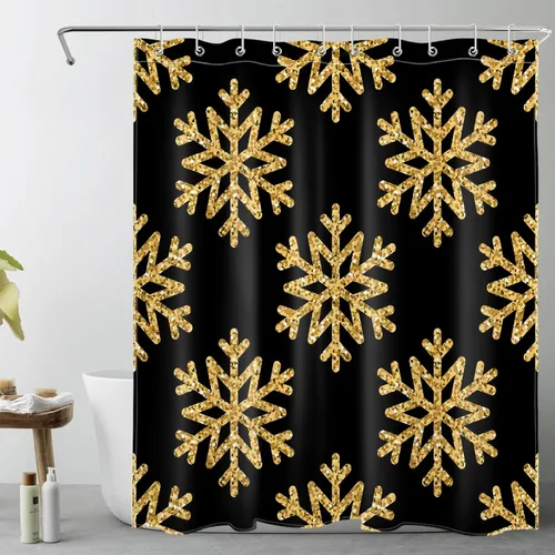 Vista 13 de LB Cortina de ducha de Feliz Navidad, bola de Navidad blanca y dorada sobre cortina de ducha negra para baño, 60 x 72 pulgadas, tela de poliéster