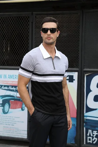 Vista 2 de EliteSpirit Polo de manga corta para hombre, a rayas, casual, con cuello de rugby