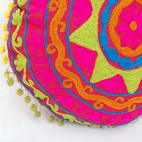 Vista 3 de Cojín redondo Suzani tradicional Jaipur bohemio, fundas de almohada bordadas de 16 pulgadas, fundas de almohada decorativas, cojines indios