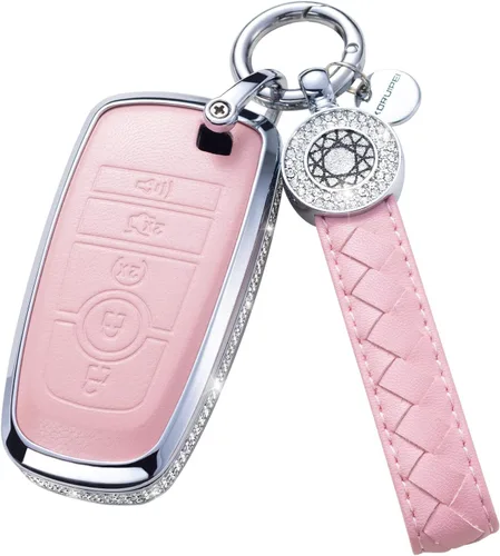 Vista 13 de Funda para llave inteligente con llavero, de piel auténtica color rosa, con cristales, carcasa protectora