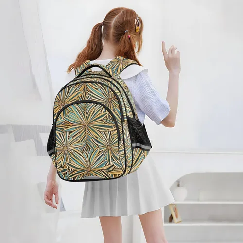 Vista 7 de Mochila escolar para adolescentes, bolsas escolares para adolescentes, niños, casual, paquete de día, elegante, hoja dorada, verde, bolso de trabajo