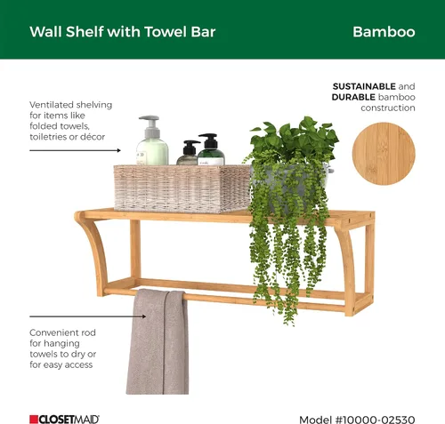 Vista 5 de ClosetMaid Estante de pared de bambú con toallero, estantes de almacenamiento de montaje en pared, estante organizador, acabado natural
