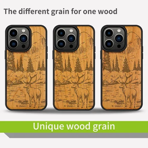 Vista 7 de Carveit Funda magnética de madera para iPhone 14 Pro, madera natural y TPU suave negro, funda protectora a prueba de golpes, funda de madera única