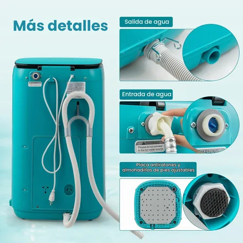 Vista 9 de COSTWAY Lavadora portátil de 7.7 libras, máquina de lavandería completamente automática de 0.78 pies cúbicos con 10 programas preestablecidos, 3 Azul