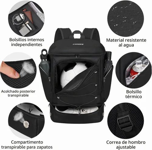 Vista 3 de Mochila de fútbol, bolsa de fútbol con soporte para pelotas, incluye zapatos de tacos separados y compartimento para bolas, bolsas