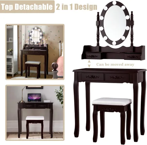 Vista 4 de DORTALA Juego de mesa de tocador, tocador de maquillaje con 10 bombillas regulables, espejo iluminado y 4 cajones, taburete acolchado, patas
