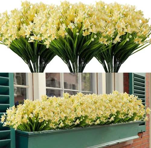 Vista 10 de 4 paquetes de flores artificiales de narcisos, vegetación artificial falsa resistente a los rayos UV, no se decolora, plantas de plástico sintético