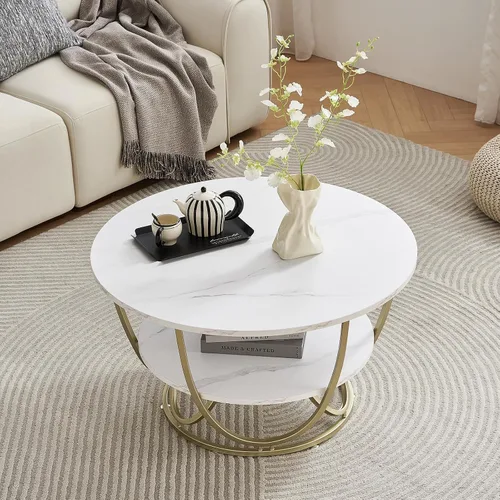 Vista 4 de Elephance - Mesa auxiliar redonda con almacenamiento, mesa de café moderna de 30 pulgadas para sala de estar, mesa de café con superficie de madera
