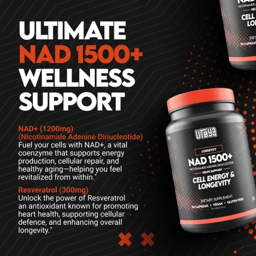 Vista 2 de UTOYA NAD 1500+ Suplementos de ribósido de nicotinamida - Suplemento Trans-Resveratrol apoya el metabolismo y la reparación de energía celular