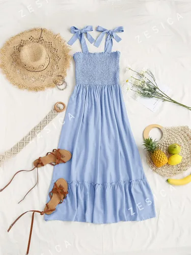 Vista 4 de ZESICA Women's 2023 Summer Boho Spaghetti Strap Square Neck Solid Color Ruffle A Line Beach Long Maxi Dress