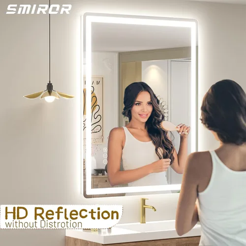 Vista 3 de SMIROR Espejo de baño LED con luces de 22" x 30", espejo de tocador rectangular redondeado iluminado para pared, iluminado frontal y retroiluminado