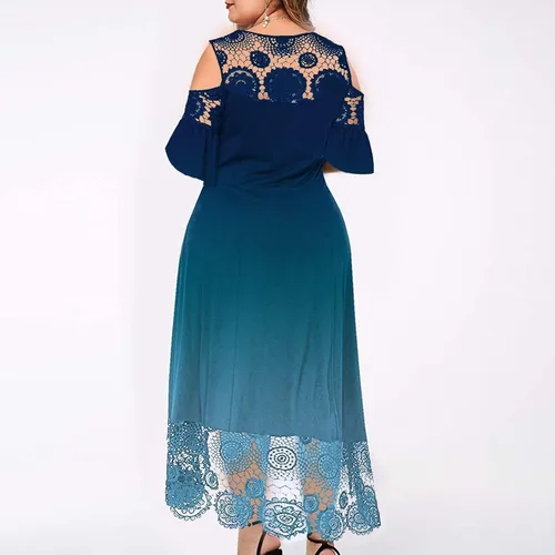 Vista 4 de Vestido casual de encaje con cuello redondo y degradado para mujer, talla grande, manga corta, costuras de encaje irregulares, vestidos largos