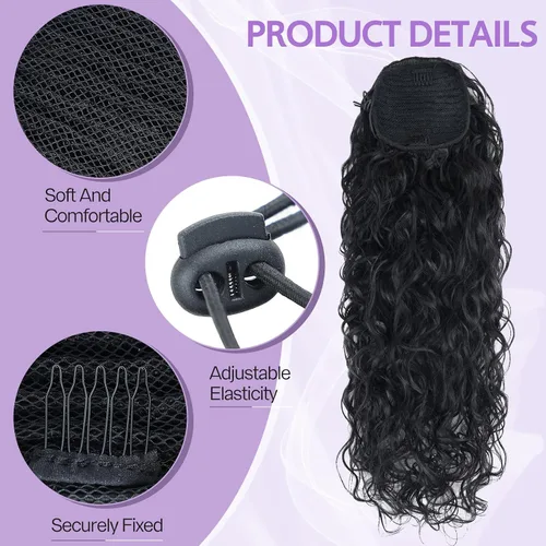 Vista 3 de Icono de la moda - Extensión de cola de caballo rizada ondulada con clip, cabello real, cola de caballo negra, extensiones de cordón con clip