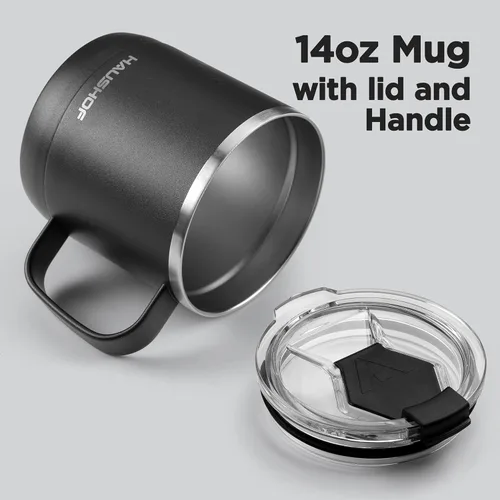 Vista 4 de HAUSHOF Taza de café de 14 onzas, taza de café aislada con asa, taza de viaje para camping, taza de café portátil de acero inoxidable, tazas de café