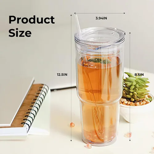 Vista 4 de MEWAY 2 vasos aislados clásicos de 30 onzas, vaso acrílico de doble pared con tapa, vasos aislados de plástico reutilizables con popote