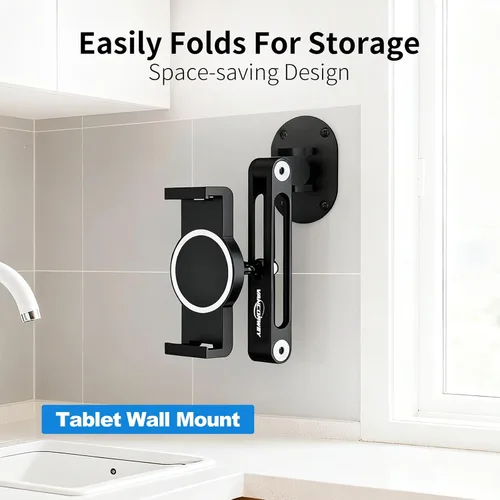 Vista 2 de soporte de pared para iPad, giratorio y basculante, soporte de pared para tableta de aluminio, base de rotación 360°, ajustable y plegable