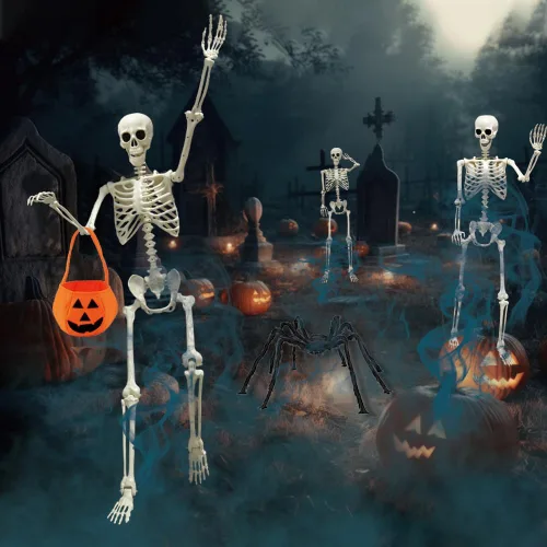 Vista 5 de CAMIRUS Esqueleto de Halloween de 5.4 pies/65.0 in, esqueleto de tamaño real con bolsa de calabaza de araña peluda, huesos humanos de cuerpo