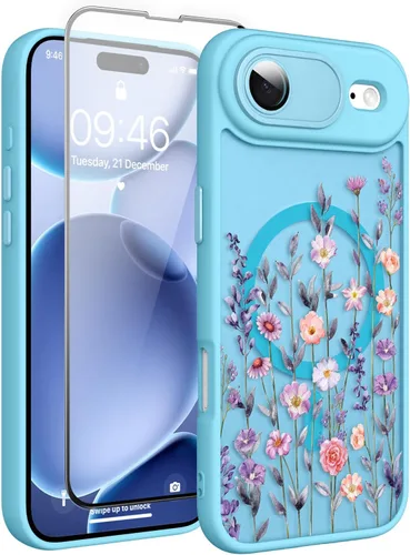 Vista 112 de Magnético para iPhone 13 con protector de pantalla [Compatible con MagSafe] Diseño de patrón floral de flores bonitas, funda delgada a prueba