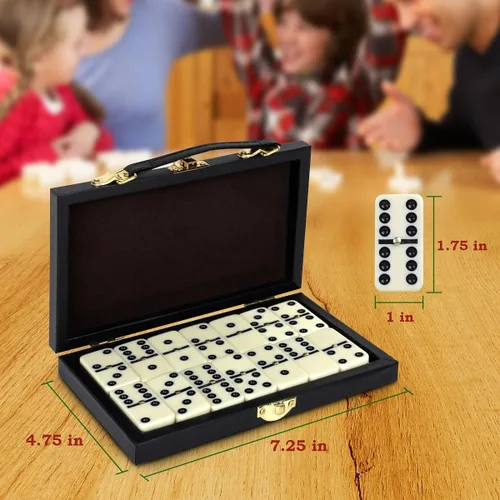 Vista 5 de Juego de dominó Double Six en caja de madera, juego educativo clásico de 28 piezas de azulejos de mesa para adultos y niños, apto para viajes