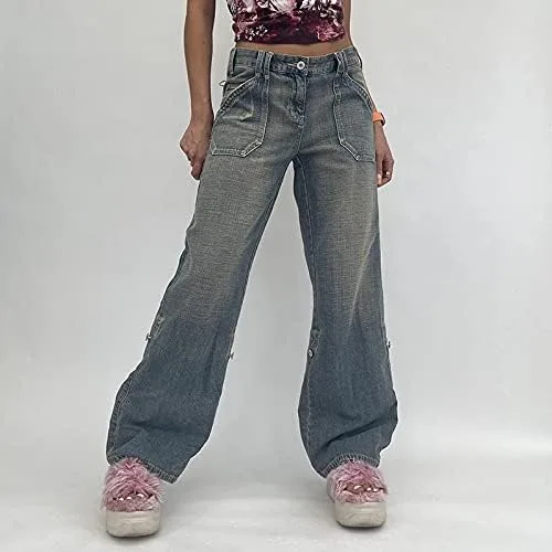 Vista 2 de KMBANGI Y2K Streetwear - Pantalones de mezclilla de cintura alta para mujer con pierna ancha rectos casuales holgados Y2K diseño urbano