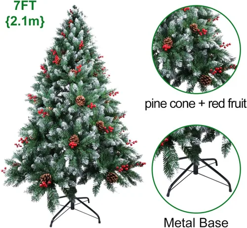 Vista 3 de AGM Árbol de Navidad artificial de 7 pies con soporte de metal plegable, cono de pino y fruta roja, árboles de nieve flocados de 7 pies de alto