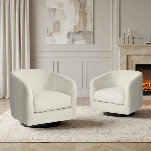 Vista 23 de Silla Giratoria de Acento de Cuero Sintético con Base de Madera, Sillas de Barril Tapizadas Modernas para Sala de Estar, Cómodo Sillón Redondo Sofá
