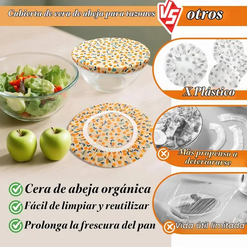 Vista 3 de OHIYO Fundas reutilizables para tazón de cera de abejas (2 grandes), tela elástica de algodón para pan de masa madre, tapas de tazón reutilizables