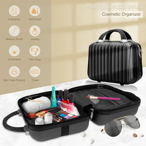 Vista 2 de Estuche de cosméticos rígido de 11 pulgadas, estuche organizador de maquillaje, bolsa organizadora pequeña y portátil de tren de maquillaje
