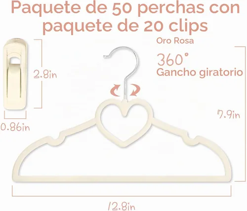 Vista 3 de Perchas de terciopelo beige con forma de corazón, paquete de 50 perchas para niños pequeños de 13 pulgadas con 20 clips, ultra delgadas y apilables