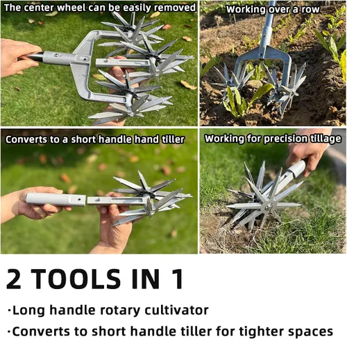 Vista 4 de Cultivador giratorio, herramienta de jardín ajustable con púas de metal sólido desmontables para aflojar y mezclar tierra, cultivador de jardín