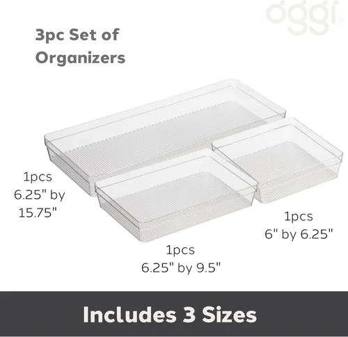 Vista 4 de Oggi Juego de 3 organizadores de cajones transparentes – (1) 6x6.25, (1) 6.25x9.25, (1) 6.25x15.75 – Ideal para organizar cajones de cocina