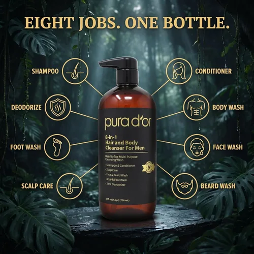 Vista 3 de PURA D'OR Limpiador de cabello y cuerpo 8 en 1 de 24 onzas para hombres, sin sulfatos, lavado multiusos para cabello, cara, barba y cuerpo, con aloe