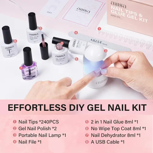 Vista 4 de AILLSA Kit de uñas almendra con lámpara UV, 240 piezas de puntas de uñas cortas de gel y kit de pegamento en gel con pegamento de uñas 2 en 1, capa