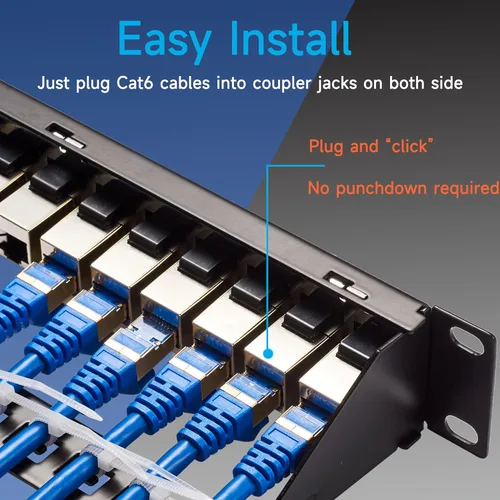 Vista 3 de Panel de conexión RJ45 de 24 puertos Cat6 STP a través de, panel de red acoplador de 19 pulgadas, panel de conexión Keystone Ethernet en línea