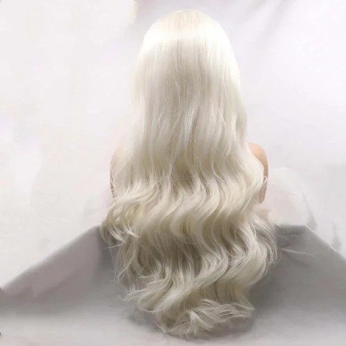 Vista 5 de 1001 #Color sintético rubio blanco encaje frente pelucas para mujeres pelo rubio platino largo cuerpo onda peluca resistente al calor fibra larga