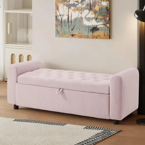 Vista 18 de 48" Ottoman with Storage, Tufted Storage Ottoman Bench, Convenient Living Room Fabrics Bench Seat, Entryway Shoe Benches with Inner Zipper & Arm