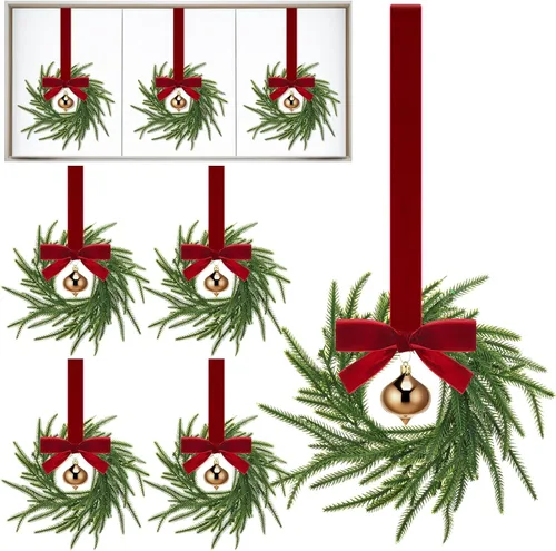 Vista 9 de Lyrow 8 piezas 20 cm Mini coronas de Navidad para gabinete de cocina con lazo de cinta, hojas artificiales, bayas, coronas colgantes para decoración