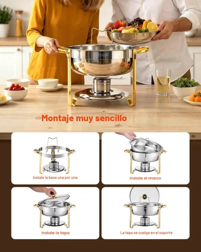 Vista 9 de VEVOR Juego de bufé de calentador de comida, 5 cuartos de galón, paquete de 4, de acero inoxidable con 4 bandejas de tamaño completo, servidor