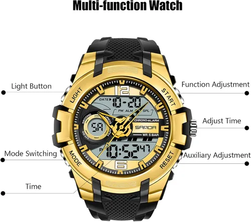 Vista 3 de RORIOS Reloj de cuarzo digital para hombre, reloj de pulsera con temporizador de alarma